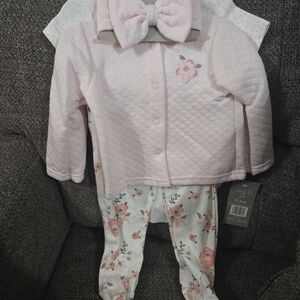 Infant Pink Quilted Floral Pajama Set with Headband